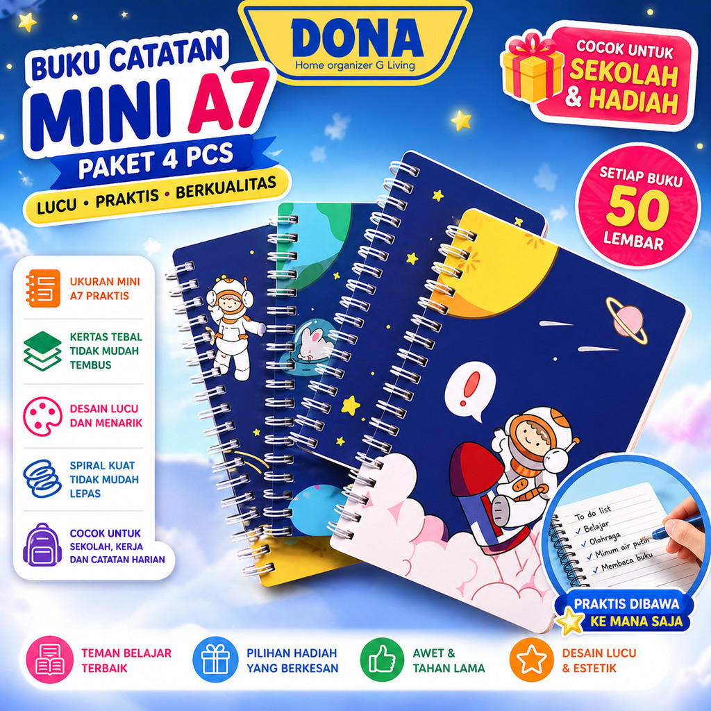 DONA Notebook Mini A7 4in1 Set, Buku Diary Aesthetic, Buku Kecil Scrapbook 50 Lembar