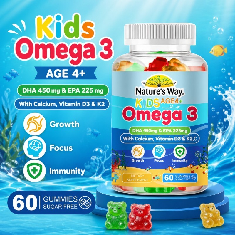 Nature’s Way Kids Omega 3 Anak 4+ Gummies 60pcs | DHA 450mg EPA 225mg Calcium D3 K2 Sugar Free