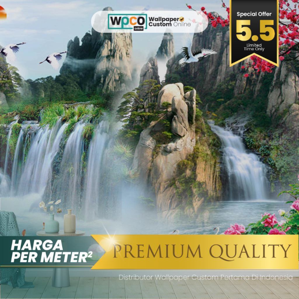 Wallpaper Custom Ruang Tamu Gambar Air Terjun Motif Nature Premium