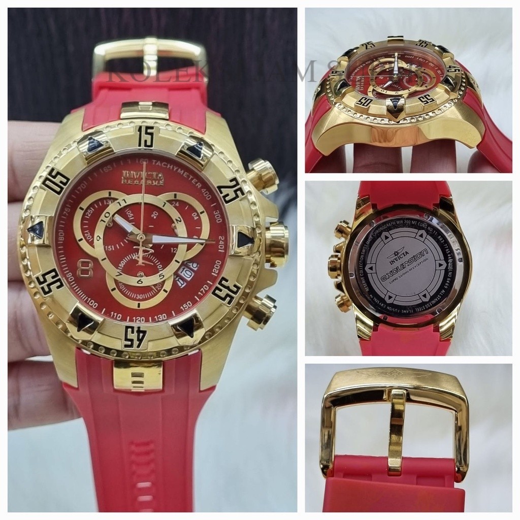 JAM TANGAN PRIA  EXCERSION GOLD RED RUBBER CHRONOGRAPH JAPAN QUARTZ  DIAMETER 4,3CM K-J SUPER