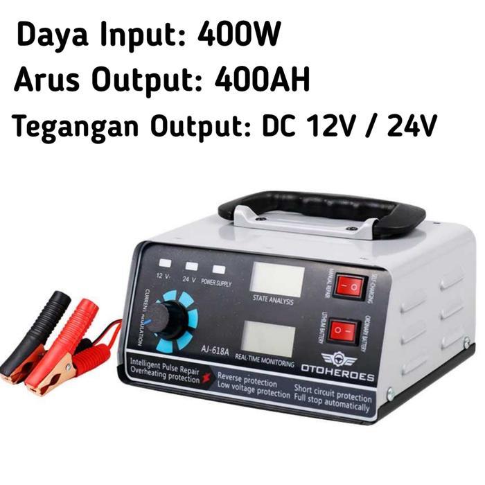 Charger Aki Mobil 400W 12V/24V 400AH Cas Aki Battery Otomatis AJ-618A - 400W 400AH