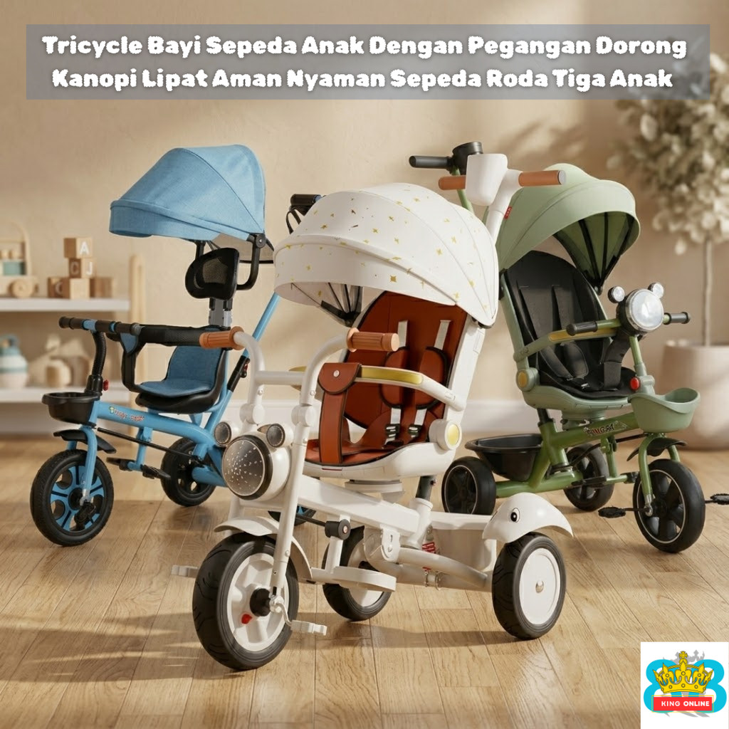 Tricycle Bayi Sepeda Anak Dengan Pegangan Dorong Kanopi Lipat Aman Nyaman Sepeda Roda Tiga Anak