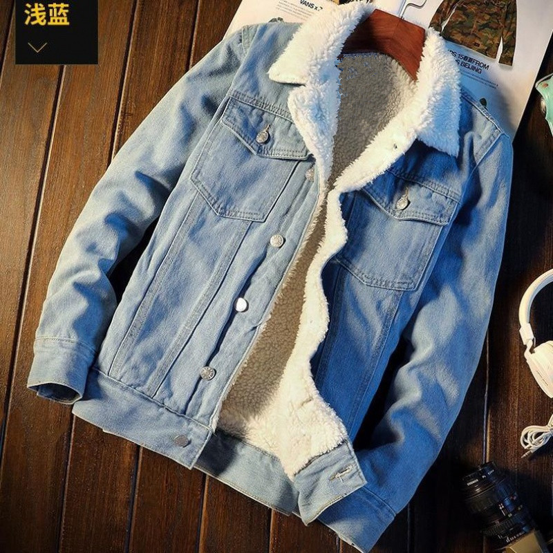 [Beruang kutub] jaket denim pria tebal hangat jaket denim bulu domba longgar plus ukuran katun