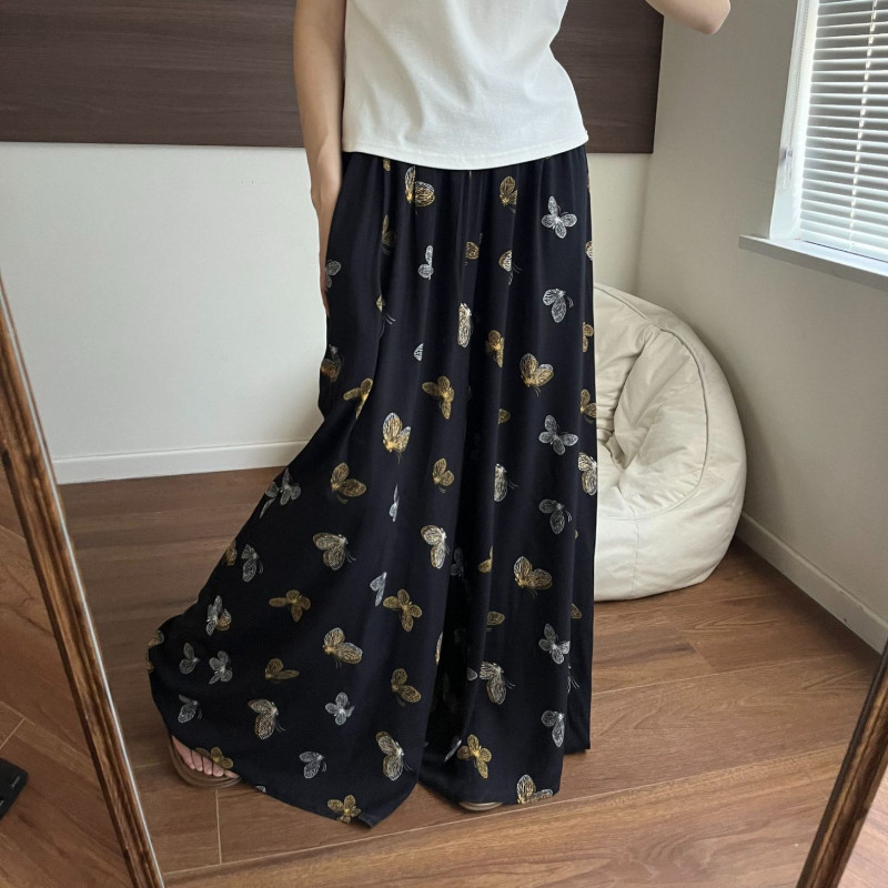 [COD]Celana kulot katun dan sutra, model lebar, celana kotak-kotak longgar.