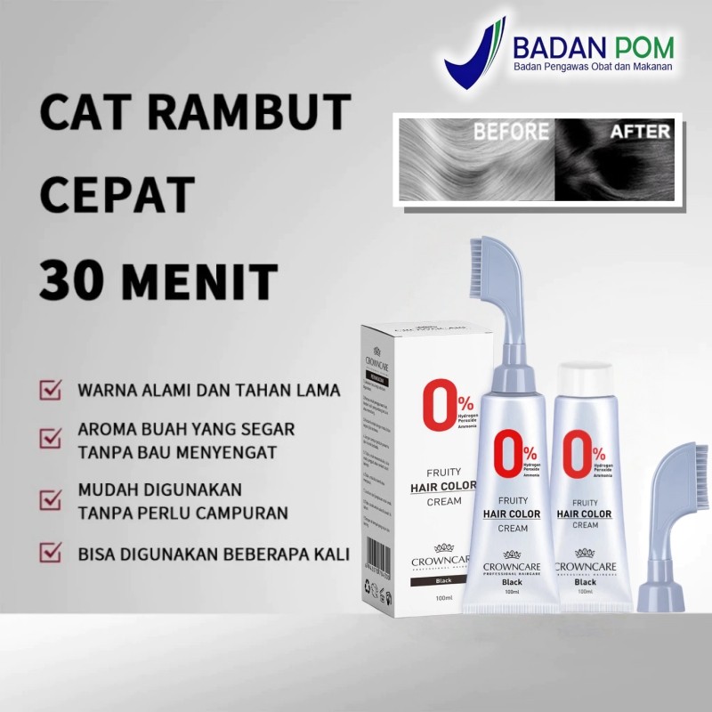 CROWNCARE Krim Pewarna Rambut Buah 100ml, Hitam - 0% Peroksida & Ammonia - Atasi Rambut Uban, Iritas
