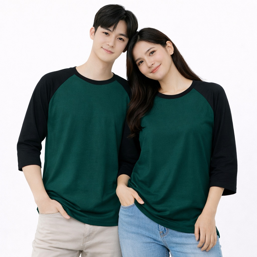 Kaos Polos Reglan 3/4 HijauBotol Hitam  Dewasa M L XL XXL