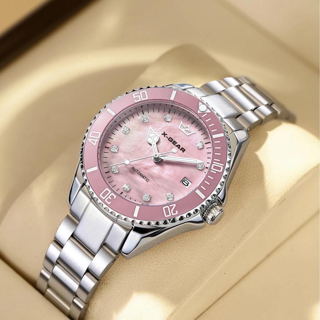 Jam Tangan Wanita X-GEAR Elegant Pink Mechanical Watch for Women Stainless Steel Strap Waterproof Hi