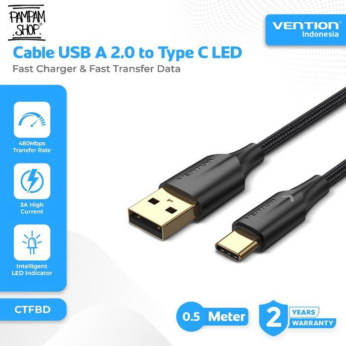 VENTION CTFBD Kabel Data USB 2.0 to Type C Fast Charging 3A with Light LED Nylon Braided Cable 50CM 
