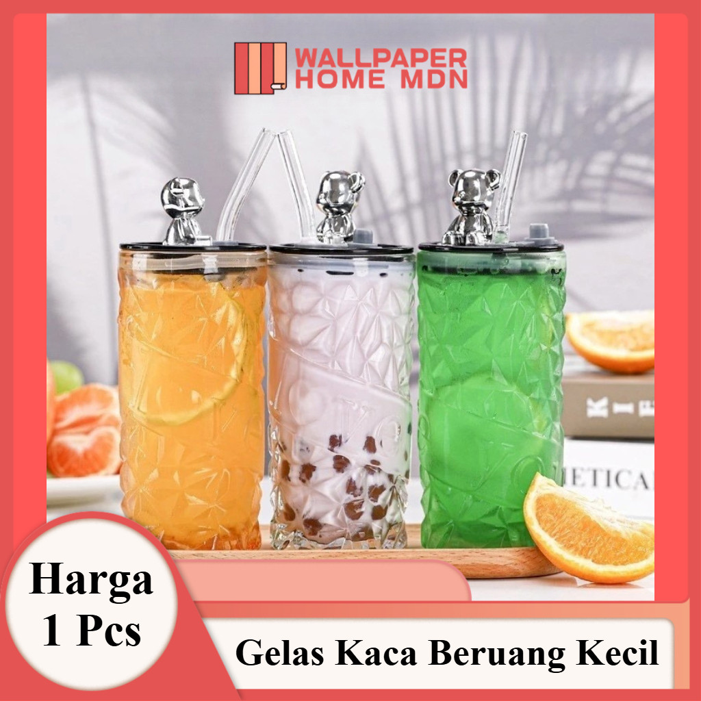 Tumbler Gelas Kaca 500ml | Tumbler Kaca Aesthetic Botol Mug Kopi | Tumbler Gelas Kaca Bear Lid