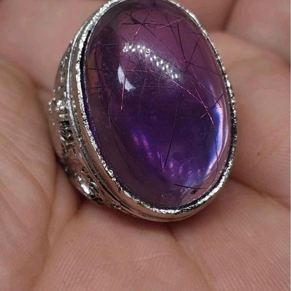 Cincin Batu Akik Kecubung Ungu Amethys Serat Emas Dimensi 30mm Ring