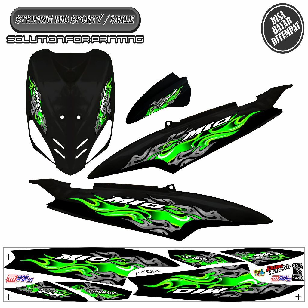 Striping Sticker Api Hijau Variasi Yamaha Mio Sporty / Mio Smile Motif Api