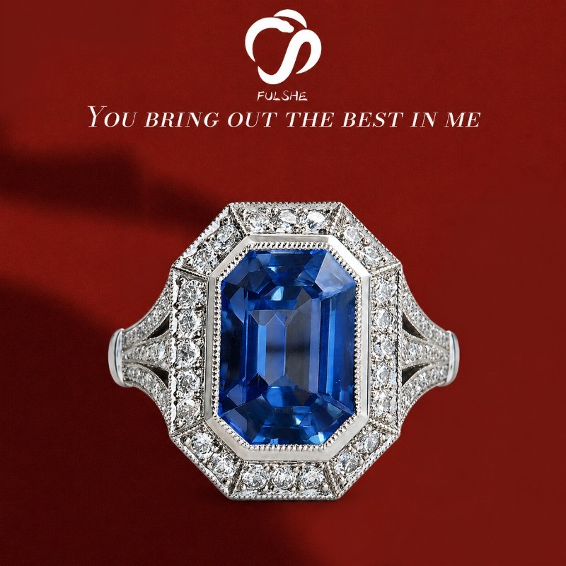 FULSHE Cincin Wanita Berlian Asli Mewah Persegi Kristal Biru Perancis