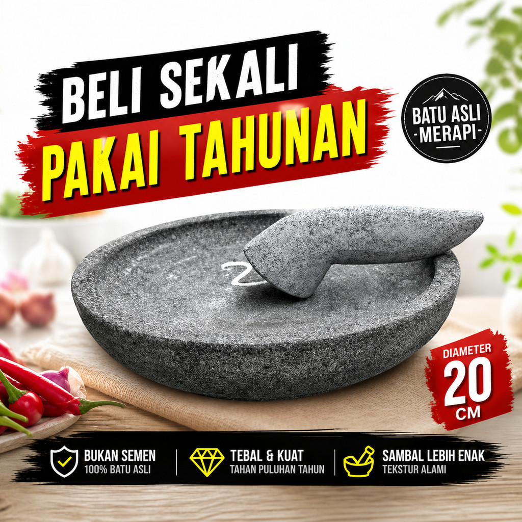 Cobek Batu Lereng Merapi Asli | Cowek Diameter 20 cm – Tersedia Dengan & Tanpa Munthu | Gerabahku Jo