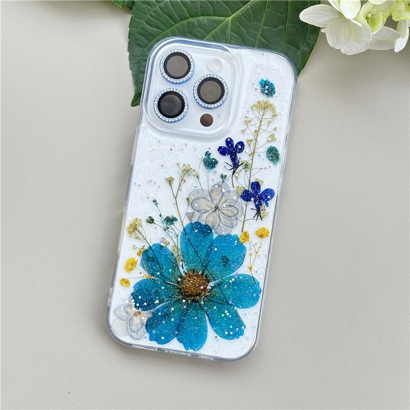Casing Ponsel Glitter Bunga Kering Asli Biru untuk iPhone 11 12 13 14 15 16 Pro Max 16e 16 Plus Mewa