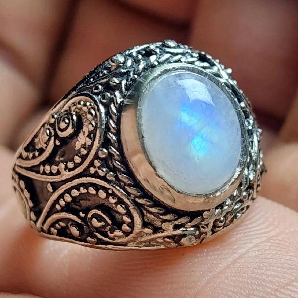 Cincin Batu Biduri Bulan Kristal 10mm Natural / Cincin Pria Moonstone Biduri Laut Ceylon Srilanka an