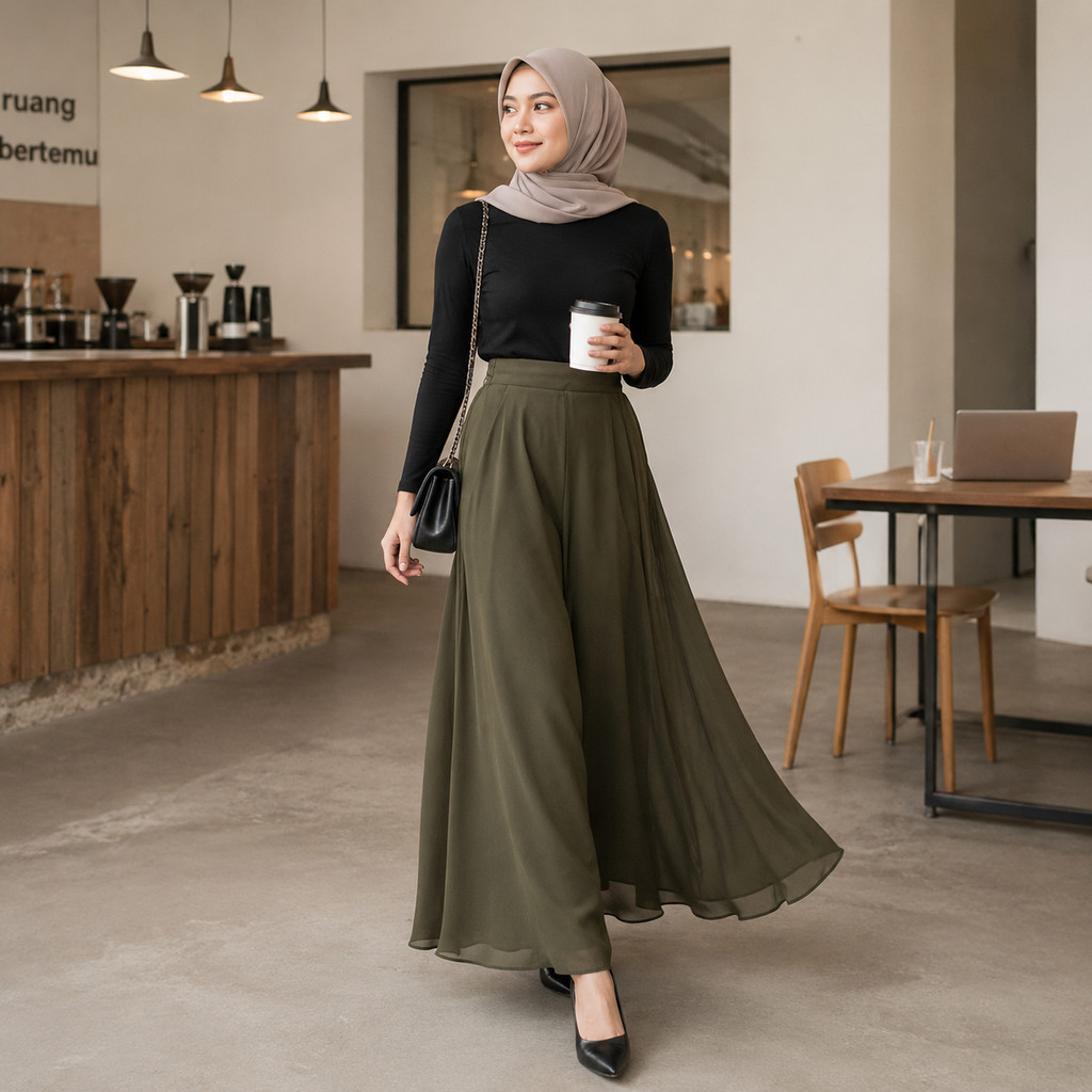 Celana Kulot Wanita Payung Lebar Panjang Muslimah Polos | Palazzo Sifon Chiffon Ceruty Flowing