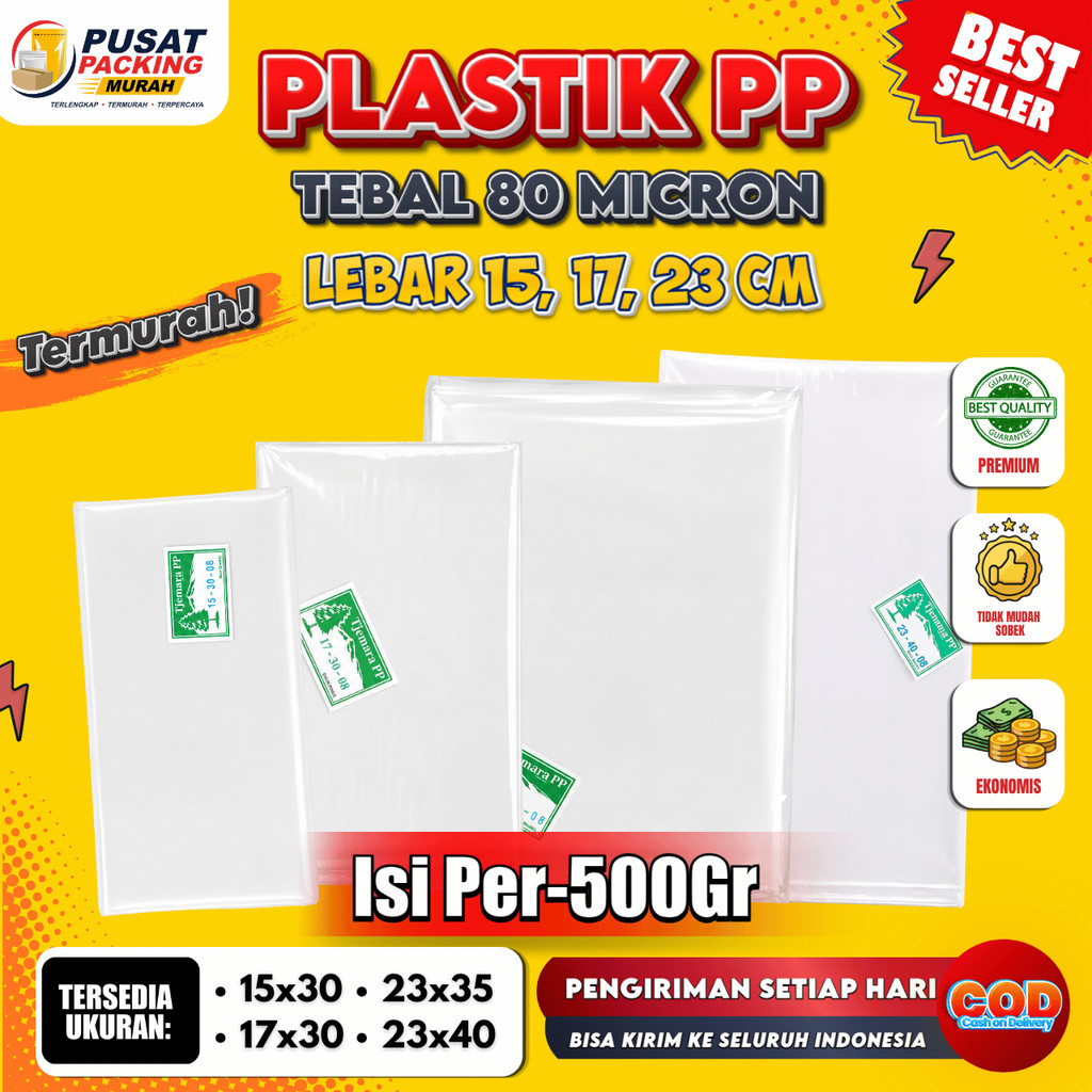 Plastik PP Tebal 08 Lebar 15 17 23 cm 15x30 17x30 23x35 23x40 Plastik Bening Transparan Kemasan Snac
