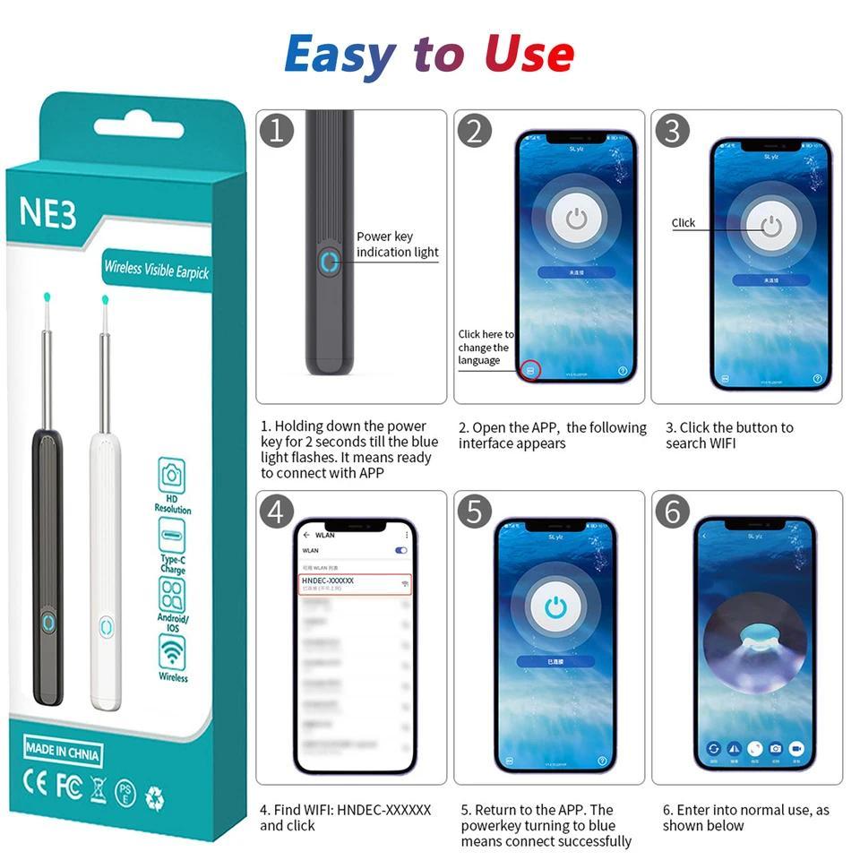 Pembersih Telinga Visual Pintar HD, Otoskop USB C, Alat Penghilang Kotoran Telinga, Endoskop, Kamera