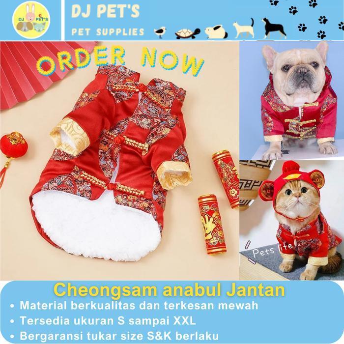 baju anjing dan kucing baju imlek cheongsam jantan untuk hewan anabul - XS