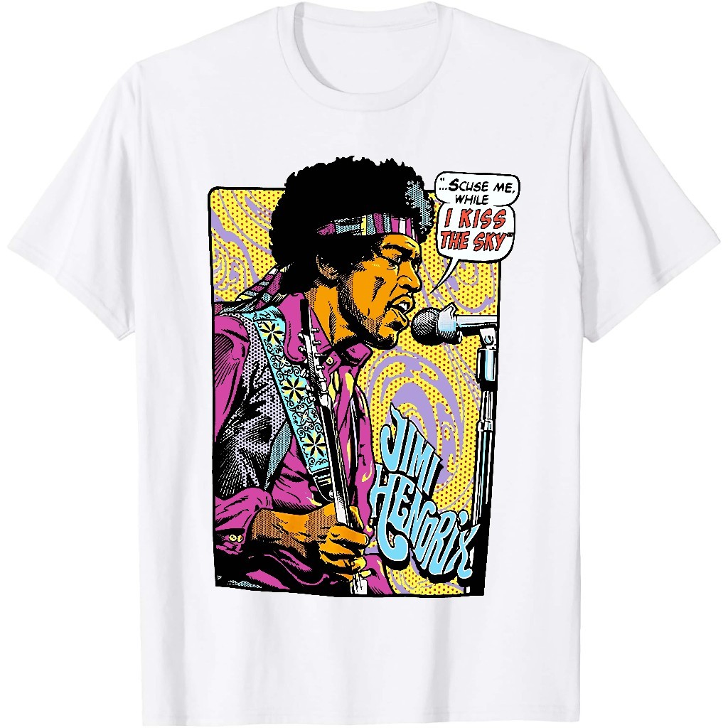 Kaos Liquid Blue Jimi Hendrix Pop Art 'Scuse Me While I Kiss The Sky T-Shirt – Baju Vintage 90s Retr
