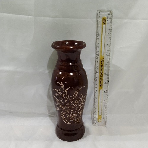 New Pot / Vas Bunga Bahan Kayu Jati Model Guci Warna Natural Gloss Motif Ukiran Dijual Bijian
