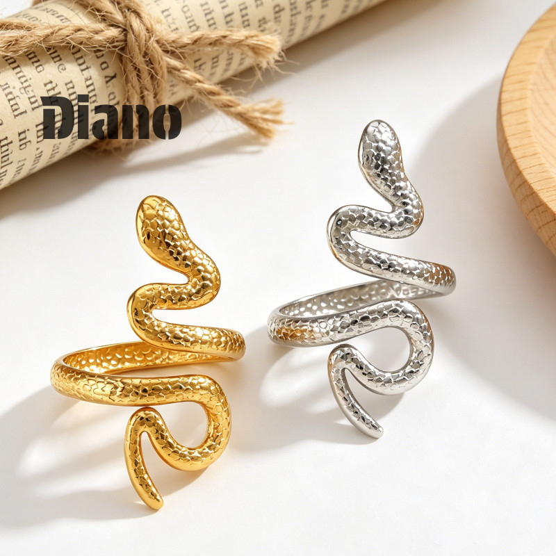 [ Diano ]Cincin panjang berbentuk ular dari baja tahan karat cincin terbuka rantai unisex Y400
