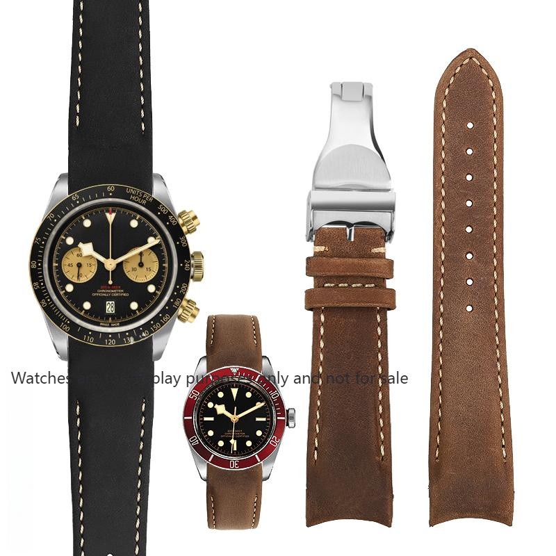 For Tudor Black Bay Chrono S&G M79360 M79363 1958 Curved End Lea-ther Watch Strap Arc Cowhide Bracel