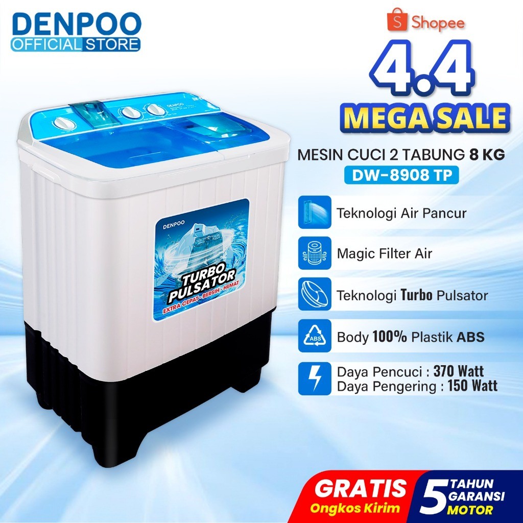 SO Denpoo Mesin Cuci 2 Tabung DW 8908 Turbo Pulsator 8KG