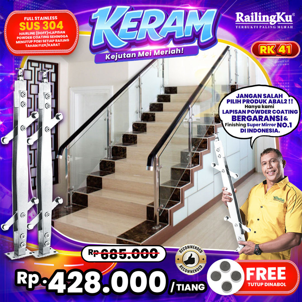 Railing Tangga Stainless Plate Minimalis Railingku [KERAM] RK 41 Railing Anti Karat Free Penutup Dyn