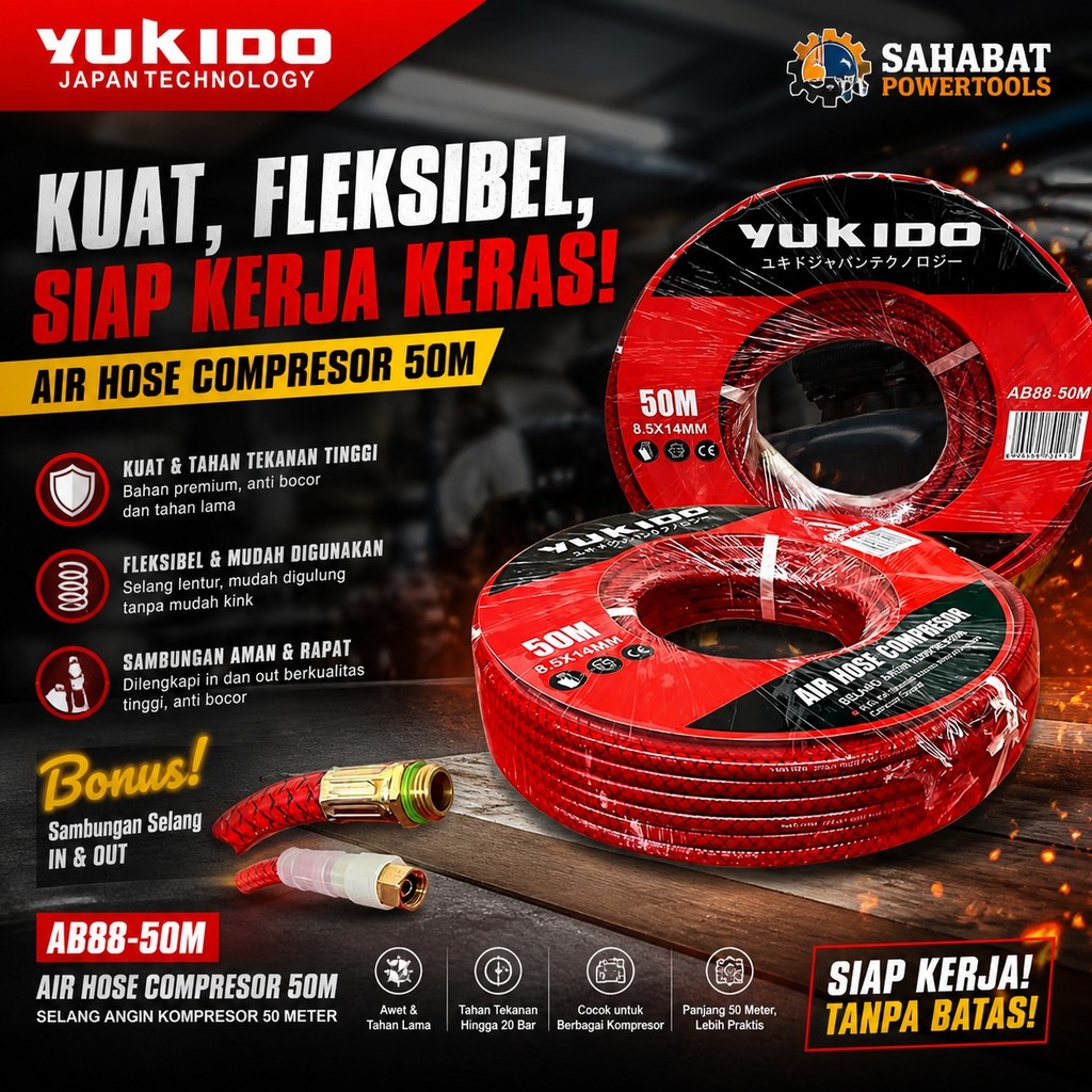 PREMIUM YUKIDO selang angin kompresor 50M/selang mesin steam motor 50M 3ply / selang semprot hama 50