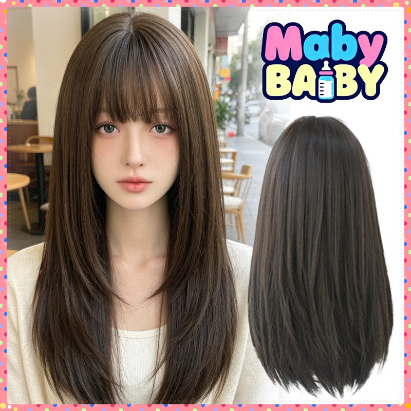 Rambut wig wanita wik rambut wanita panjang Wig Daily Natural Wanita dengan poni Wig Base 50cm