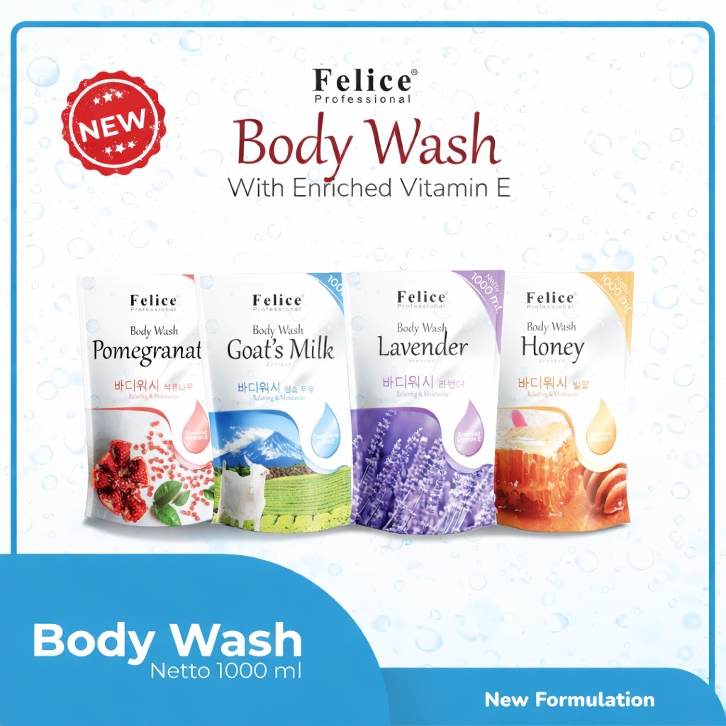 Felice skincare bodywash Sabun Mandi Cair Body Wash dengan Vitamin E 1000ml untuk Kulit Cerah dan Le