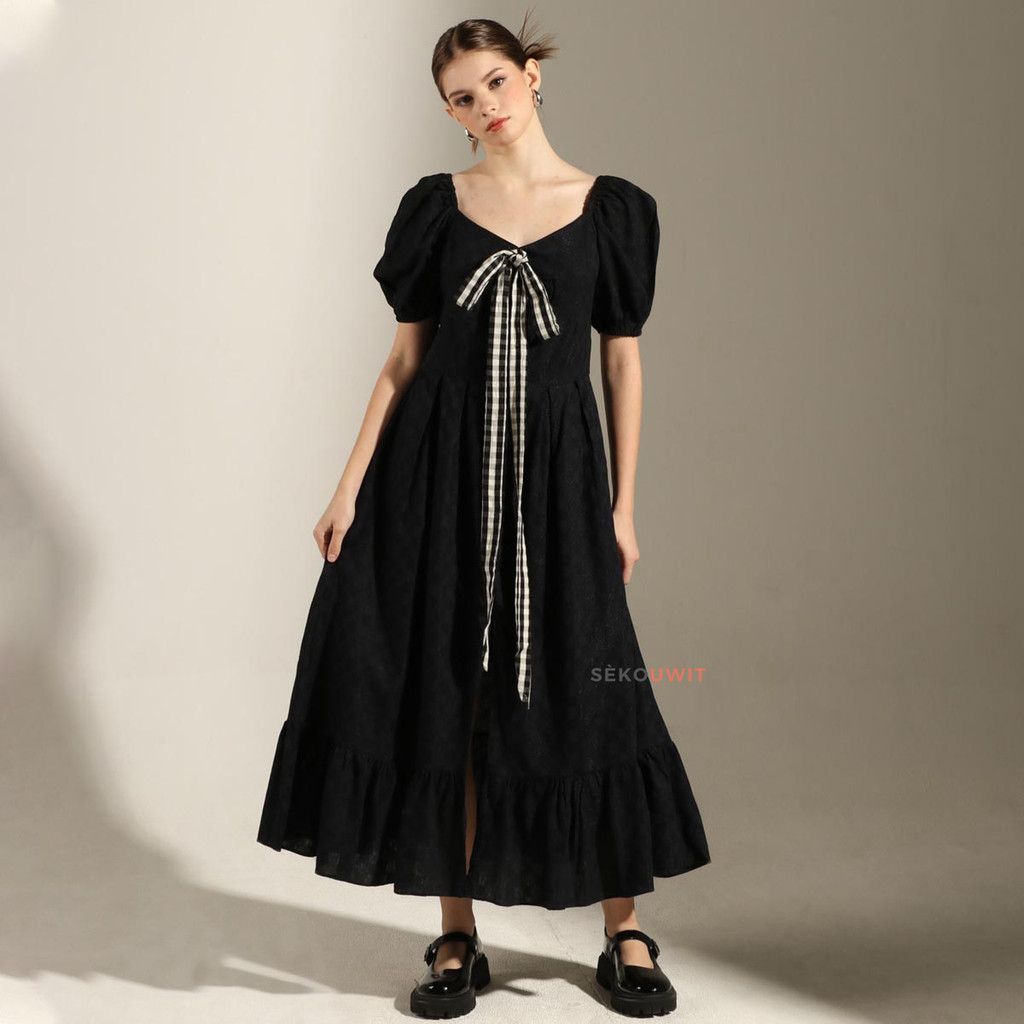 Dress Batik Tenun Wanita Plumeria Long Dress Dobby Tenun Batik with Lurik Bow Sekouwit - Black