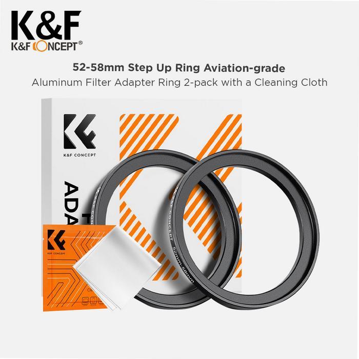 K&F Concept KF05.337P 52-58mm Step Up Ring Aluminium Alloy dengan Kain Pembersih untuk Filter Kamera