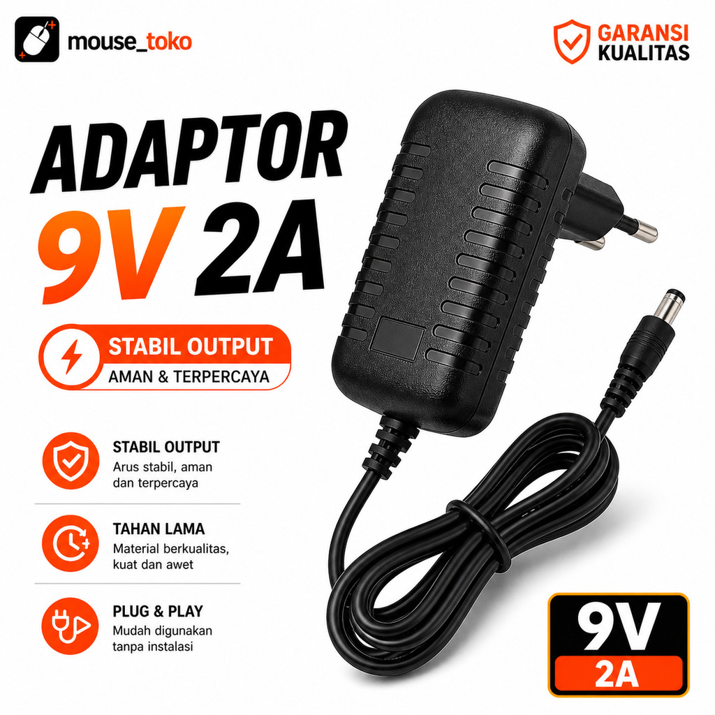 Adaptor 9V 2A Power Supply DC 9 Volt 2000mA  - Adaptor Router Modem TP-Link Tenda Efek Gitar