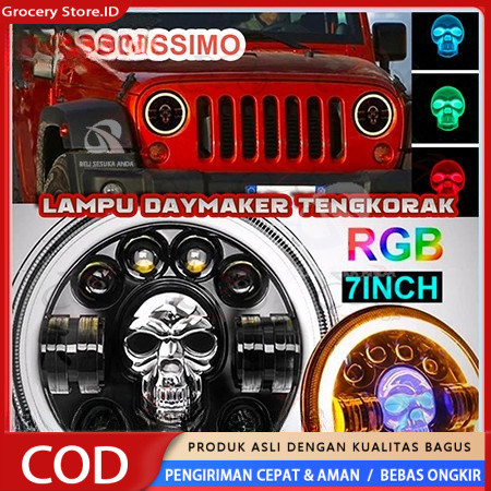 Lampu Tembak LED Bulat 7 Inch Motif Tengkorak Daymaker 40W 12 Chip Cahaya Super Terang Cocok Univers