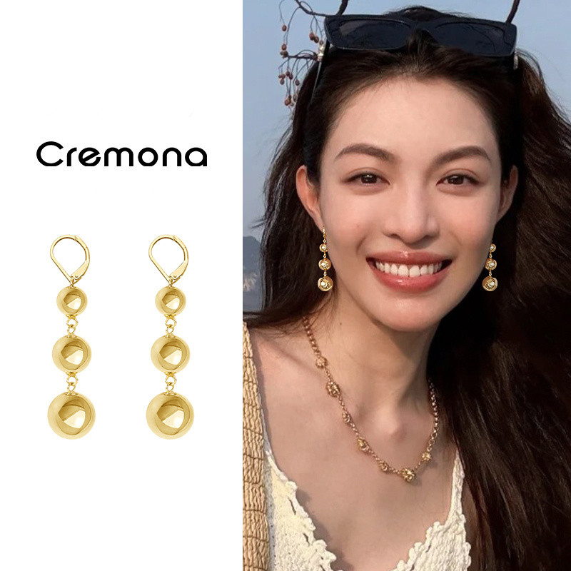CREMONA COD Anting Bola Emas Wanita Elegan Vintage Korean Ear Clip Anting Panjang