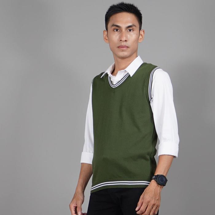 Luxe Style Store Okechuku Rompi Rajut Dewasa Basic V Neck Hitam List Putih / Seragam Okechuku Rompi 