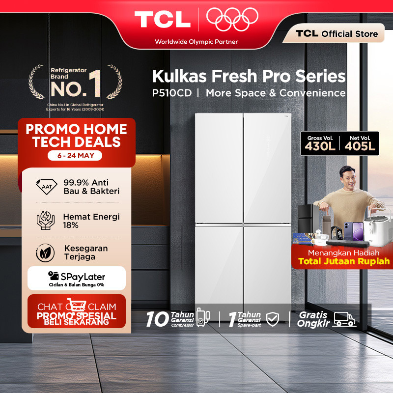 TCL Kulkas 4 Pintu - Kapasitas 430L - Big Capacity - Twin Eco Inverter - AAT Gen 2 Natural Eco Fresh
