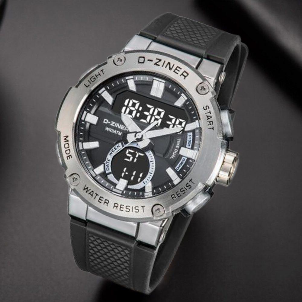 Dziner Jam Tangan Pria 8279 Rubber Double Time Water Resistant 3 ATM Kaca Stainless