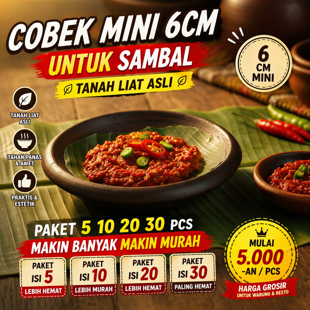 Cobek Mini 6cm Tanah Liat Asli - Cowek Sambal Kecil Gerabah (Paket isi 5 10 20 50 pcs Grosir Warung 