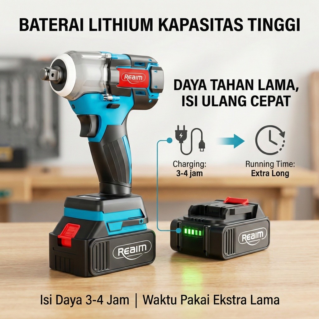 REAIM  Impact Wrench Brushless Bor Baterai Bor Listrik Impact Baterai Untuk Baut Mobil