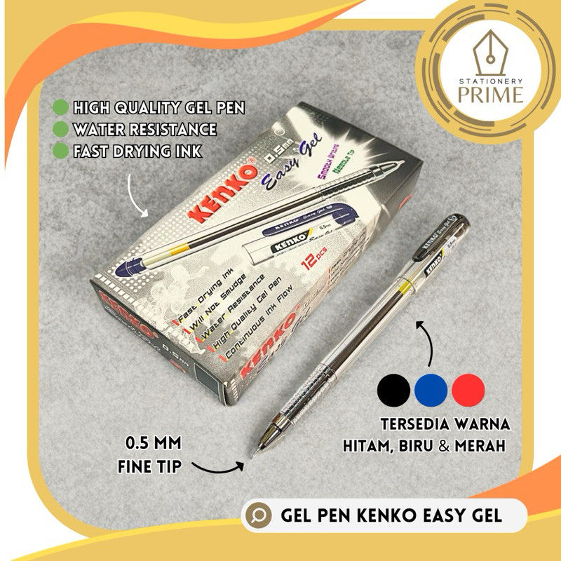Gel Pen / Pulpen Gel KENKO EASY GEL 0,5mm Hitam Biru Merah ( Isi 12 Pcs )