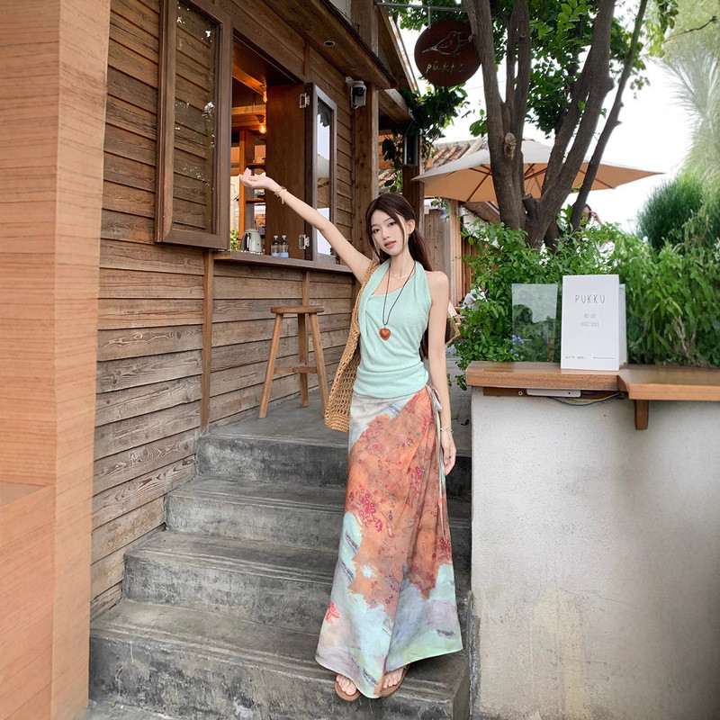 [Luna Style Id] Rompi selempang bergaya retro, motif tie-dye, rok setengah badan berpinggang tinggi