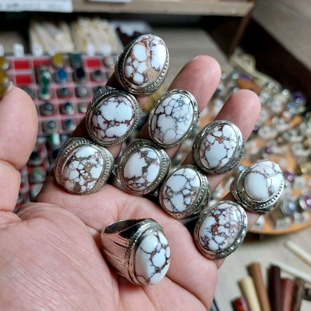 Cincin batu pirus putih asli original urat merah hitam ceplok kuro / pirus persia urat emas cincin p