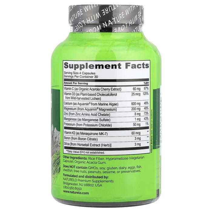 Naturelo Bone Strength with Magnesium, C , D3, K2 & Zinc 120 Veg Capsules 100% ORI USA