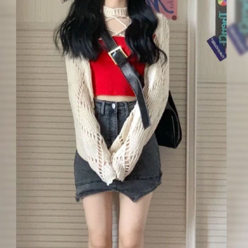 JelitaCeria tiga potong set / satu potong Spice Girl desain blus rajutan berongga pendek + rompi sus