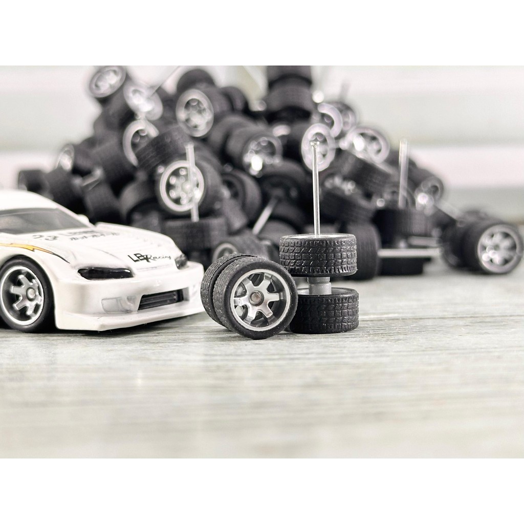 VELG BAN KARET HOTWHEELS  6 SPOKE MODEL RAYS TE37 CELONG SILVER 1:64