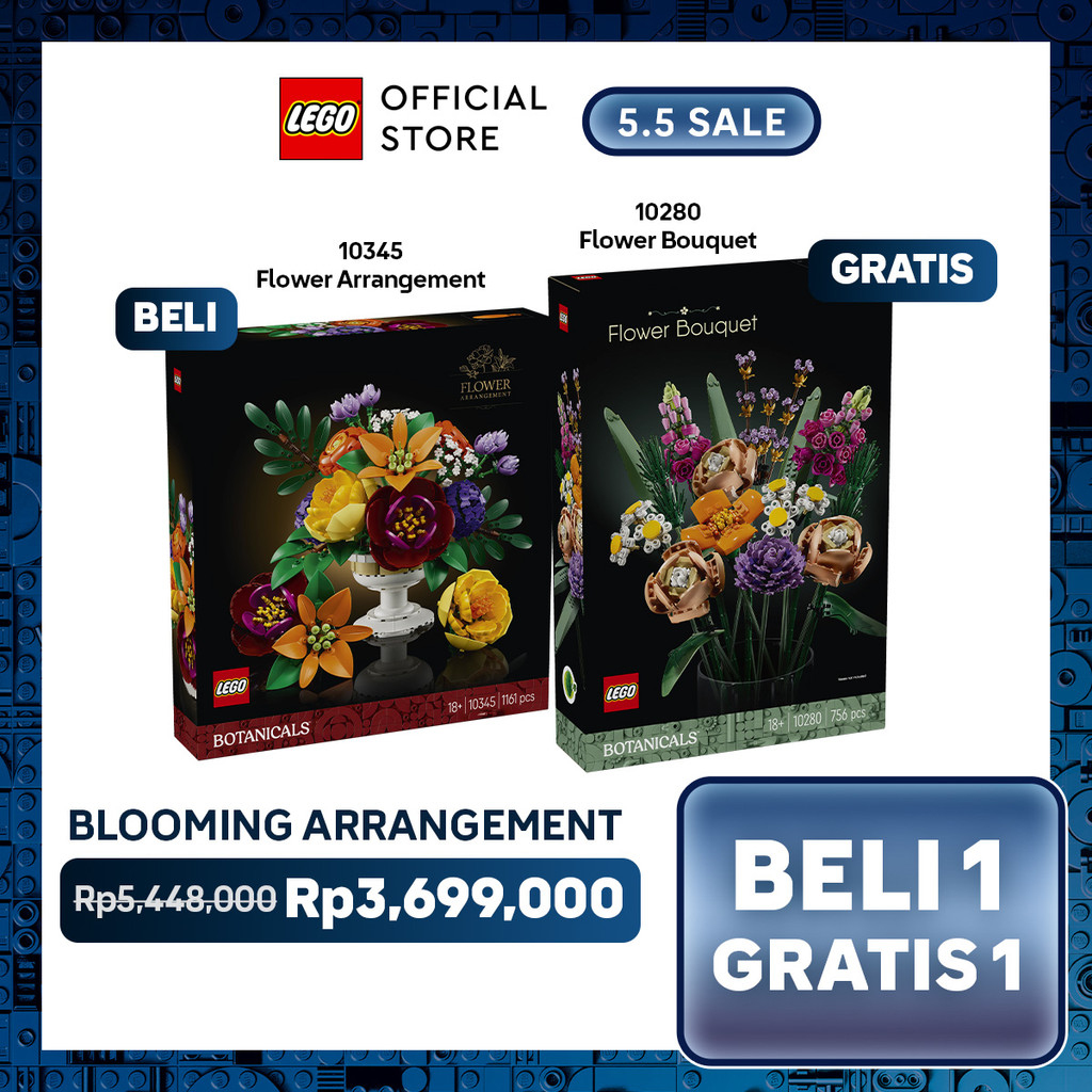 Beli 1 Gratis 1  - LEGO Botanicals 10345 Flower Arrangement + LEGO Botanicals 10280 Flower Bouquet