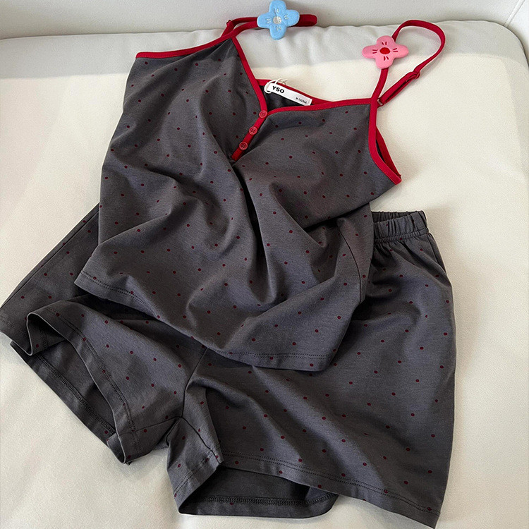 [Leemeoo] Setelan 2pcs Baju Tidur Wanita Tank Top Celana Pendek Motif Polkadot Piyama Tali Kecil Lem